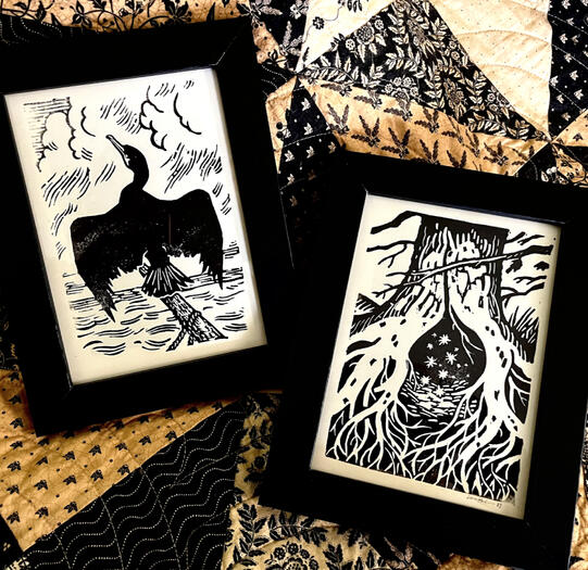 Cormorant &amp; Fairy Portal linocuts, 2022