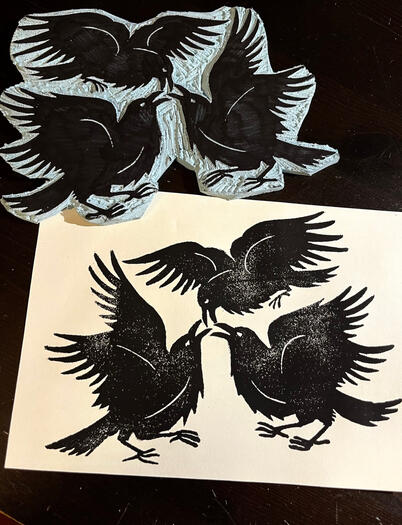 Three Ravens, linocut 2024